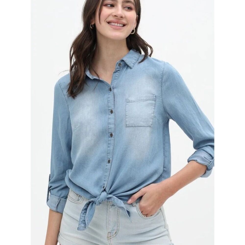 Anthropologie Love Tree Light Blue Tie-Front Denim Button-Down Shirt